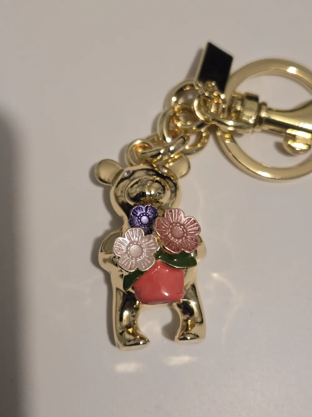 Gold Bear Keychain with Pink & Purple Flower Accent